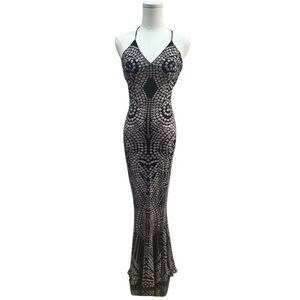 NWOT Norma Kamali XS Black Studded Print Mermaid Fishtail Slip Gown
